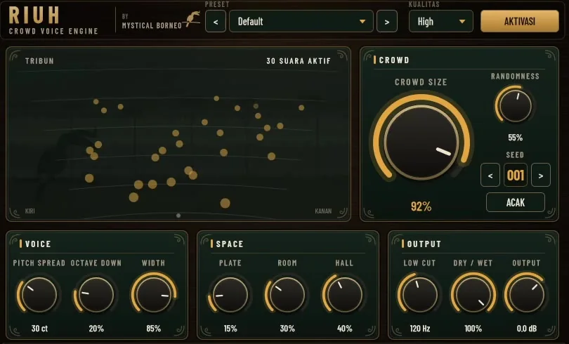 Tampilan plugin Riuh. Gunakan sebagai gambar produk; bukan simulator knob aktif.